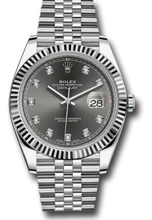 Replica Rolex Steel and White Gold Rolesor Datejust 41 Watch 126334 Fluted Bezel Dark Rhodium Diamond Dial Jubilee Bracelet